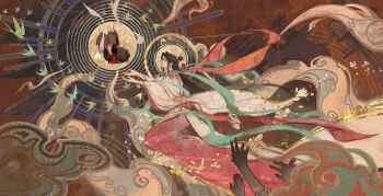 2boys age_difference aged_down aqua_shawl barefoot bird black_hair bracelet bug butterfly child chinese_clothes chinese_commentary cloud colored_smoke disembodied_hand falling falling_petals floating_clothes floating_hair flower from_side gold_trim grey_pants hagoromo hair_bun hair_ornament halo hanfu highres hua_cheng hua_cheng_(young) huashengdoufu implied_yaoi insect jewelry jumping long_hair long_sleeves looking_at_another multiple_boys official_alternate_costume ornate_clothes pants petals profile reaching reaching_towards_another red_hanfu red_shawl sash seal_impression shawl short_hair single_hair_bun smoke sun tianguan_cifu two-tone_hanfu white_hanfu wide_sleeves xiao_guan_(headdress) xie_lian xie_lian_(flower_crowned_martial_god) zhongguo_hua