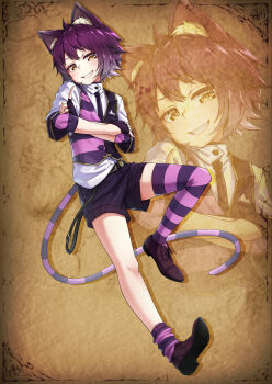 1boy alice&#039;s_adventures_in_wonderland animal_ears asymmetrical_legwear black_gloves black_necktie black_vest brown_shoes cat_boy cat_ears cat_tail cheshire_cat_(alice_in_wonderland) commentary_request fingerless_gloves full_body gloves gradient_hair grey_hair grin highres male_focus multicolored_hair multicolored_vest necktie purple_hair purple_socks purple_thighhighs purple_vest shirt shoes short_hair single_sock single_thighhigh smile socks striped_clothes striped_socks striped_tail striped_thighhighs tail takatun223 teeth thighhighs vest white_shirt yellow_eyes zoom_layer