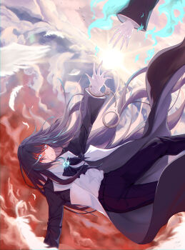 2girls absurdres ado_(utaite) black_coat black_pants blood blood_on_face blue_eyes blue_fire chando_(ado) coat commentary_request cuffs eye_trail falling falling_feathers feathers fire gloves handcuffs highres light_trail long_hair long_sleeves multiple_girls open_clothes open_coat open_mouth pants shirt white_gloves white_shirt zing_(zingart)