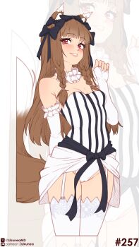 Rule 34 | 1girl, absurdres, animal ears, black bow, blush, bow, breasts, brown hair, choker, clenched teeth, commentary, cosplay, english commentary, fate/strange fake, fate (series), francesca prelati (fate), francesca prelati (fate) (cosplay), frilled choker, frills, garter straps, hair bow, highres, holo, leotard, likunea, long hair, looking at viewer, patreon logo, patreon username, small breasts, smile, solo, spice and wolf, striped clothes, striped leotard, tail, teeth, thighhighs, thighs, twitter username, twitter x logo, white choker, white garter straps, white thighhighs, wolf ears, wolf tail, zoom layer