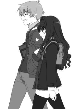 Rule 34 | 1boy, 1girl, ahoge, bag, breasts, dress, greyscale, grin, hands in pockets, highres, impossible clothes, kanon, kitagawa jun, large breasts, long hair, misaka kaori, monochrome, school uniform, shichimenchou, short dress, sigh, simple background, skindentation, smile, thighhighs, zettai ryouiki