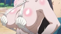 1girl animated anime_screenshot bikini black_hair bouncing_breasts breasts breast_focus cleavage huge_breasts isekai_one_turn_kill_nee-san:_ane_douhan_no_isekai_seikatsu_hajimemashita kilmaria_(ichigeki_ane) long_hair micro_bikini seashell_bikini shell shell_bikini swimsuit tagme video