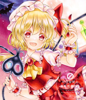 1girl ascot bat_(animal) blonde_hair blush bow collared_shirt commentary cowboy_shot crystal crystal_wings falling_petals flandre_scarlet frilled_shirt_collar frilled_skirt frills hat hat_bow laevatein_(touhou) looking_at_viewer mob_cap moon multicolored_wings nekofish666 one_side_up open_mouth petals puffy_short_sleeves puffy_sleeves red_bow red_eyes red_moon red_petals red_skirt red_vest shirt short_sleeves skirt skirt_set smile solo touhou traditional_media vest white_hat wings wrist_cuffs yellow_ascot