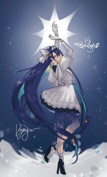 1girl aislingxyz arms_up artist_name black_shoes blonde_hair blue_background blue_eyes blue_hair character_name colored_inner_hair dress from_side full_body gloves hair_intakes hair_ornament hands_up high_heels highres juliet_sleeves leg_up long_hair long_sleeves looking_at_viewer multicolored_hair profile puffy_sleeves reverse:1999 shoes short_dress signature socks solo standing standing_on_one_leg star_(symbol) star_hair_ornament very_long_hair voyager_(reverse:1999) white_dress white_gloves white_socks