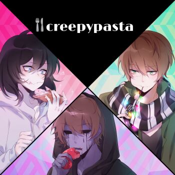 3boys 779762391_(lofter) aegyo_sal ahoge androgynous black_blood black_hair black_hoodie black_nails black_scarf black_shirt blood bloody_tears blue_background blue_eyes brothers brown_hair cannibalism chinese_commentary christmas_lights clenched_hand coat collarbone collared_coat colored_skin commentary_request copyright_name creepypasta double-parted_bangs drawstring eating eyeless_jack fingernails food food_on_face fork green_background green_coat green_eyes grey_skin hair_between_eyes highres holding holding_food holding_fork holding_organ hollow_eyes homicidal_liu hood hood_down hood_up hoodie jeff_the_killer kidney knife looking_at_food male_focus medium_hair multiple_boys nail_polish open_clothes open_coat pink_background raised_eyebrow scarf shirt short_hair siblings simple_background stitched_face stitched_mouth stitches striped_clothes striped_scarf two-tone_scarf upper_body vertical-striped_clothes vertical-striped_scarf white_hoodie white_scarf white_skin