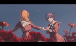 Rule 34 | 2girls, aqua neckerchief, blurry, blurry background, blurry foreground, brown dress, chh r, commentary request, depth of field, dress, falling petals, flower, green eyes, grey sky, hair ornament, hasu no sora school uniform, highres, hinoshita kaho, imminent hand holding, link! like! love live!, long hair, long sleeves, looking at another, love live!, medium hair, multiple girls, neckerchief, orange hair, otomune kozue, petals, pleated dress, purple hair, rabbit hair ornament, red flower, red neckerchief, sailor collar, sailor dress, school uniform, side ponytail, sidelocks, sky, two side up, virtual youtuber, white sailor collar, winter uniform