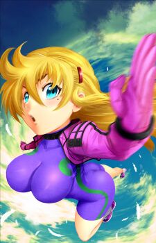 Rule 34 | 1girl, absurdres, blonde hair, blue eyes, blush, bodysuit, bouncing breasts, breasts, cloud, commentary request, fighting stance, from above, fuurinji miu, hair ornament, hairclip, highres, impossible clothes, jacket, large breasts, long hair, long sleeves, looking at viewer, matsuena shun, mole, mole under eye, motion blur, official art, open clothes, open mouth, outstretched arm, purple bodysuit, shijou saikyou no deshi ken'ichi, shoes, sidelocks, skin tight, sky, solo, taut bodysuit, thighs, unitard, upside-down, v-shaped eyebrows