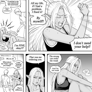 Rule 34 | 1boy, 1girl, absurdres, bb (baalbuddy), breasts, brother and sister, brother and step-sister, corner, crying, dark-skinned female, dark elf, dark skin, elf, english text, highres, hugging own legs, long hair, medium breasts, original, pointy ears, siblings, speech bubble, step-brother and step-sister, step-siblings, willford diccard, zana (dark elf stepsister)