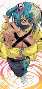 1girl absurdres belt black_belt black_pants blonde_hair blue_eyes blue_hair blue_nails blue_pants blush breasts canari_(pokemon) cleavage collarbone dark_skin gradient_eyes hair_ornament highres jacket kinakomochi_(user_vedc2333) large_breasts long_sleeves looking_at_viewer mask mega_stone midriff mouth_mask multicolored_eyes multicolored_hair nail_polish navel nintendo pants pokemon pokemon_legends:_z-a shoes short_hair standing twintails two-tone_eyes two-tone_hair two-tone_pants white_background white_shoes yellow_bag yellow_eyes yellow_jacket yellow_nails