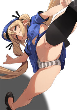 1girl blue_hat blue_shirt blue_skirt breasts cropped_shirt dead_or_alive dead_or_alive_5 from_below fu-ta grey_panties hat high_heels highres long_hair marie_rose miniskirt panties peaked_cap shirt short_sleeves skirt solo spread_legs thighs underwear