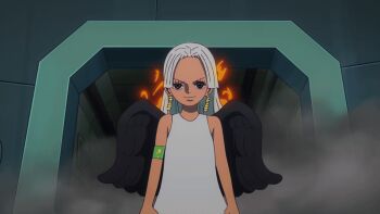 1girl animated animated_gif anime_screenshot black_wings dark-skinned_female dark_skin dress earrings fire gold_earrings jewelry long_hair looking_at_viewer one_piece s-snake seraphim_(one_piece) sleeveless sleeveless_dress smile snake_earrings star-shaped_pupils star_(symbol) symbol-shaped_pupils walking white_dress white_hair wings yellow_eyes