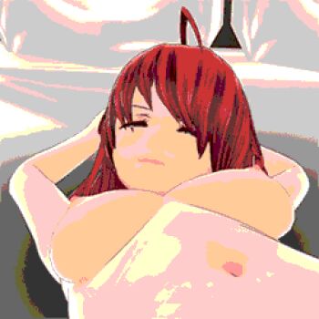1girl 3d animated animated_gif bouncing_breasts breast_expansion breasts female_focus huge_breasts jiggle looking_at_viewer lowres musumakeup navel nipples red_hair solo source_request