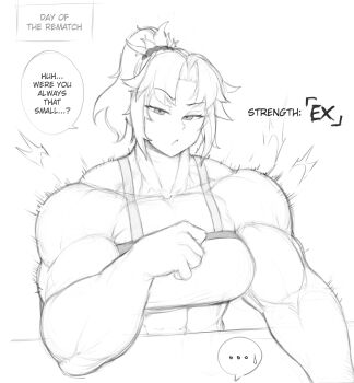 ... 1girl abs absurdres alternate_muscle_size biceps breasts commentary deltoids elbow_on_table english_commentary fate/grand_order fate_(series) flexing hair_ornament hair_scrunchie highres large_breasts mordred_(fate) mordred_(memories_at_trifas)_(fate) motion_lines muscular muscular_female nervous nervous_sweating obliques pectorals ponytail scrunchie speed_lines spoken_ellipsis sports_bra stats strong sweat table thick_arms zeph505