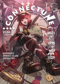 1girl :d arknights black_boots black_choker black_jacket black_skirt boots camisole choker commentary_request drum drum_set english_text foreshortening full_body hemorina highres holding holding_stuffed_toy horns instrument jacket leg_up long_hair off_shoulder open_clothes open_jacket open_mouth pleated_skirt plectrum pointy_ears red_eyes red_hair red_horns red_thighhighs sitting skirt smile solo spiked_choker spikes striped_clothes striped_thighhighs stuffed_animal stuffed_rabbit stuffed_toy thigh_strap thighhighs very_long_hair vigna_(arknights) wooden_floor yellow_camisole