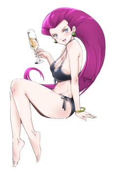 1girl alternate_costume barefoot bikini black_bikini blue_eyes blush bracelet breasts champagne_flute cleavage commentary_request cup drinking_glass earrings female_focus gold_bracelet hand_up holding invisible_chair jessie_(pokemon) jewelry large_breasts liquid long_hair looking_at_viewer nintendo open_mouth pokemon pokemon_(anime) purple_hair relaxjon side-tie_bikini_bottom signature simple_background sitting smile solo solo_focus swimsuit team_rocket toes tongue white_background