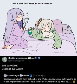 2girls barefoot bed blush braid cat_on_person cecilia_immergreen cellphone fongban_illust green_pajamas grey_hair highres hololive hololive_english john_cat_(koseki_bijou) koseki_bijou long_hair multiple_girls otomo_(cecilia_immergreen) pajamas pebble_(koseki_bijou) phone pillow purple_pajamas recording sleeping smartphone tweet virtual_youtuber winding_key