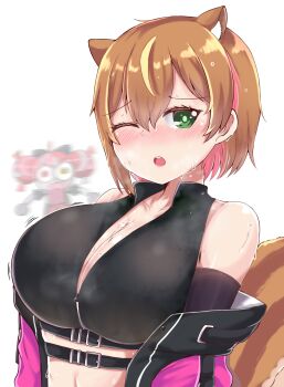 2girls absurdres animal_ears ayunda_risu bare_shoulders blurry blurry_background blush breasts brown_hair cleavage commentary_request detached_sleeves double_bun green_eyes hair_bun highres hololive hololive_indonesia jacket jacket_partially_removed kureiji_ollie large_breasts lovejuice_(elmokun_moe) midriff_peek motion_lines multicolored_hair multiple_girls off_shoulder one_eye_closed open_mouth short_hair simple_background squirrel_ears squirrel_girl squirrel_tail steam streaked_hair sweat tail virtual_youtuber white_background wide-eyed