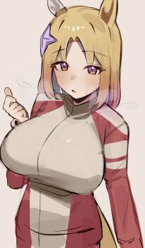 1girl :o absurdres animal_ears blonde_hair breasts gradient_hair grey_jacket hair_ornament highres horse_ears horse_girl iog626 jacket large_breasts multicolored_hair multicolored_jacket narita_top_road_(umamusume) open_mouth purple_eyes red_hair red_jacket solo sportswear sweat sweatdrop umamusume