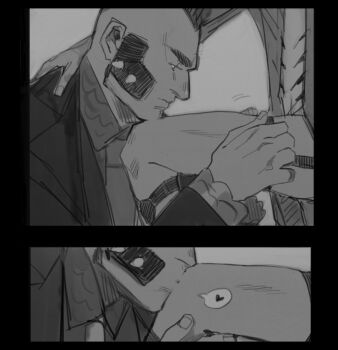 2boys black_border black_hair border collared_shirt corbeau_(pokemon) dressing_another greyscale hand_on_another&#039;s_back head_out_of_frame heart holding_another&#039;s_leg jacket kissing_knee large_hands legwear_garter looking_at_another male_focus moniiki11 monochrome multiple_boys muscular muscular_male nintendo philippe_(pokemon) pokemon pokemon_legends:_z-a shirt short_hair sideburns socks speech_bubble spoken_heart suit_jacket yaoi