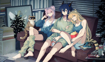 3girls animal_ears arknights arm_hug barefoot blonde_hair blue_tank_top book book_stack bottle bottomless can ch'en_(arknights) commentary_request couch eyelashes food green_eyes green_shirt horns indoors leg_warmers lin_(arknights) long_hair looking_at_viewer mouse_ears multiple_girls peppsi_(saba_sabasuk0) pink_hair plant ponytail popcorn potted_plant shirt short_shorts shorts sitting smile sunglasses swire_(arknights) tail tank_top tiger tiger_tail very_long_hair white_leg_warmers white_tank_top window_blinds
