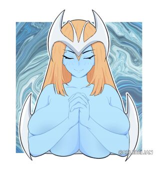 blonde_hair blue_skin breasts celebelian cleavage closed_eyes colored_skin elf huge_breasts mystical_elf pointy_ears smile yu-gi-oh!