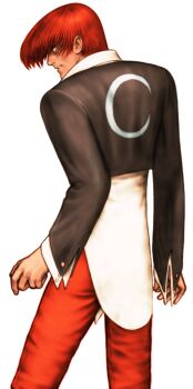 Rule 34 | 1boy, capcom vs. snk, choker, clenched teeth, crazy eyes, crescent, from behind, game cg, highres, jacket, long hair, long sleeves, looking to the side, male focus, mori toshiaki, non-web source, official art, orochi iori, parted lips, possessed, red hair, shirt, smile, solo, teeth, the king of fighters, unbuttoned sleeves, upper teeth only, yagami iori, yellow eyes