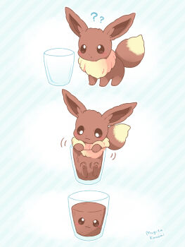 :3 ? ?? artist_name blue_background blush brown_eyes closed_mouth commentary_request cup drinking_glass eevee gen_1_pokemon in_container in_cup liquid mugita_konomi nintendo no_humans pokemon pokemon_(creature) striped_background