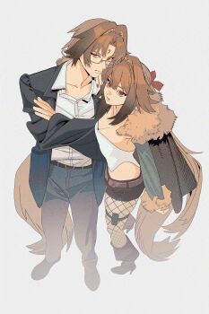 1boy 1girl absurdres belt black_jacket black_shoes black_shorts blue_pants boots breasts brother_and_sister brown_boots brown_tail closed_mouth collarbone crossed_arms droopy_ears facial_mark fishnet_pantyhose fishnets forehead_mark from_above from_side full_body fur-trimmed_jacket fur-trimmed_sleeves fur_trim glasses green_jacket grey_background hand_on_another&#039;s_shoulder highres jacket long_hair looking_at_viewer medium_breasts micro_shorts official_alternate_costume pants pantyhose parted_lips pd_honey red_eyes red_nails shirt shoes shorts siblings simple_background strapless thigh_strap tube_top v-shaped_eyebrows very_long_hair white_shirt white_tube_top ye_shiyuan ye_shunguang zenless_zone_zero