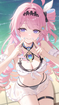1girl absurdres ahoge alternate_costume bare_shoulders bikini bikini_skirt black_bikini black_bow blue_eyes blue_nails blush bow breasts cleavage closed_mouth commentary denia_(wuthering_waves) fingernails fingersmile from_above hair_bow hair_ornament highres keikei_(kitty_colors) large_breasts looking_at_viewer mismatched_bikini multi-strapped_bikini_bottom nail_polish outdoors sitting skirt smile solo swimsuit thigh_strap white_bikini white_skirt wuthering_waves