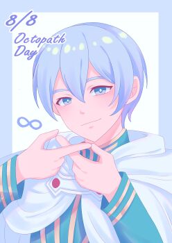 1boy absurdres arms_up border closed_mouth commentary_request crossed_fingers double-parted_bangs fuwafuwallen grey_border grey_eyes highres looking_at_viewer male_focus octopath_traveler octopath_traveler_ii outside_border short_hair simple_background smile solo temenos_mistral upper_body white_background