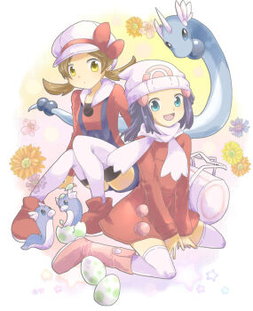 00s 2girls alternate_costume baseball_cap beanie black_hair blue_eyes blue_hair boots brown_eyes brown_hair coat dawn_(pokemon) dragonair dratini egg evolution gen_1_pokemon hair_ornament hairclip hat hat_ribbon hatching long_hair lyra_(pokemon) multiple_girls nago_celica nagocelica nintendo open_mouth overcoat pink_boots pokemon pokemon_(creature) pokemon_dppt pokemon_hgss ribbon scarf smile thighhighs twintails white_legwear white_scarf winter_clothes zettai_ryouiki