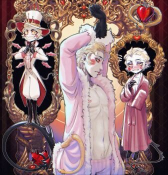 1boy absurdres blackberreh-art blonde_hair blush boots circle_facial_mark colored_sclera commentary crown demon demon_boy english_commentary facial_mark formal_clothes hair_slicked_back hazbin_hotel hellaverse highres lucifer_morningstar_(hazbin_hotel) male_focus male_pubic_hair navel nipples pectorals pointy_ears pubic_hair red_eyes robe sharp_teeth striped_clothes striped_vest suit sweat teeth vertical-striped_clothes vertical-striped_vest vest yellow_sclera