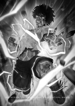 1boy absurdres action boku_no_hero_academia clenched_hand clenched_teeth debris dust electricity explosion glowing glowing_eyes greyscale highres incoming_attack incoming_punch injury jumping looking_at_viewer male_focus manip midoriya_izuku midriff monochrome motion_blur outstretched_arm punching shirt short_hair short_sleeves shorts solo t-shirt teeth torn_clothes w