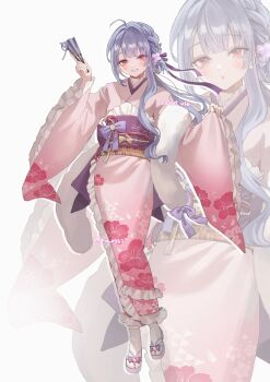 1girl ahoge braid commentary_request floral_print floral_print_kimono frilled_kimono frilled_sleeves frills full_body hands_up highres japanese_clothes kimono long_hair long_sleeves looking_at_viewer original pink_kimono print_kimono purple_hair purple_ribbon purple_sash red_eyes ria_0261 ribbon sandals sash shoes socks solo watermark white_background white_shoes white_socks wide_sleeves zoom_layer