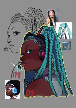 1girl alternate_skin_color aqua_hair artist_name braid dark-skinned_female dark_skin hatsune_miku headset high_twin_braids highres jacket_mine long_hair multiple_braids number_tattoo parted_lips photo_inset reference_inset signature simple_background solo tattoo thick_lips upper_body vocaloid