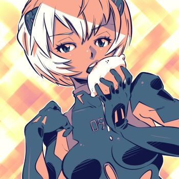 1girl ayanami_rei biting blonde_hair blue_bodysuit blue_eyes bodysuit breasts eating food fruit inktober interface_headset_(evangelion) lemon looking_at_viewer mecha_pilot_suit medium_breasts neon_genesis_evangelion orange_theme plugsuit_(evangelion) rafchu shiny_skin short_hair solo upper_body