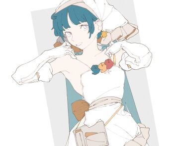 1girl 4qw5 alternate_costume backless_dress backless_outfit bag bow breasts detached_sleeves dress earrings gloved_sleeves hands_up haniwa_(statue) haniyasushin_keiki headscarf highres jewelry long_hair looking_at_viewer magatama sideways_glance small_breasts smile strapless strapless_dress tools touhou turning_head very_long_hair waist_bow wedding_dress white_headscarf