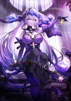 1girl absurdres bare_shoulders black_gloves black_swan_(honkai:_star_rail) breasts cleavage commentary_request elbow_gloves gloves highres holding honkai:_star_rail honkai_(series) indoors large_breasts long_hair no_shoes purple_eyes purple_hair sitting smile solo thighs tongyu veil very_long_hair