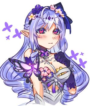 1girl bare_shoulders blush breasts bug butterfly castorice_(honkai:_star_rail) cosplay dress drill_hair flower frills gloves hair_flower hair_ornament honkai:_star_rail honkai_(series) insect long_hair long_sleeves looking_at_viewer mole mole_under_eye multicolored_eyes multicolored_hair pointy_ears purple_eyes purple_gloves purple_hair red_eyes solo vivian_banshee white_background white_dress wtvr_ccc zenless_zone_zero