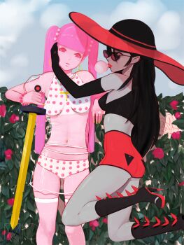 2girls adventure_time ass bite_mark boots chewing_gum colored_skin earrings elbow_gloves gloves grey_skin hat high_heel_boots high_heels jewelry m-i-q marceline_abadeer midriff multiple_girls navel pink_hair pink_skin pointy_ears princess_bonnibel_bubblegum red_eyes see-through_clothes short_shorts shorts sun_hat sword thigh_boots thighhighs twintails vampire weapon