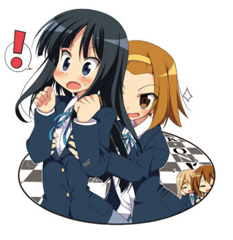 Rule 34 | !, 00s, 4girls, akiyama mio, black eyes, black hair, blush, breasts, brown eyes, brown hair, grabbing another's breast, groping, hairband, hime cut, hirasawa yui, hoppege, image sample, k-on!, kotobuki tsumugi, long hair, multiple girls, pixiv sample, resized, school uniform, short hair, surprised, tainaka ritsu
