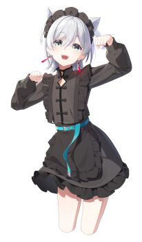 1girl absurdres animal_ears apron belt black_apron black_shirt blue_belt commentary_request cropped_legs earrings frilled_skirt frills green_eyes grey_hair highres indie_virtual_youtuber jewelry long_sleeves looking_at_viewer maid_headdress nekomugi_tororo noyk_iv open_mouth paw_pose shirt simple_background skirt solo teeth upper_teeth_only virtual_youtuber waist_apron white_background