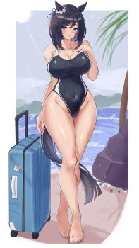 1girl absurdres animal_ears bare_legs barefoot beach black_one-piece_swimsuit blue_eyes breasts closed_mouth commentary commission competition_swimsuit eishin_flash_(umamusume) full_body highres horse_ears horse_girl horse_tail j450n777 large_breasts looking_at_viewer ocean one-piece_swimsuit palm_tree pixiv_commission smile solo standing swimsuit tail tree umamusume