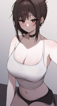 1girl absurdres armpits bare_shoulders black_choker black_shorts breasts brown_eyes brown_hair camisole choker cleavage collarbone commission crop_top dolphin_shorts ear_piercing gadeung_hye highres large_breasts looking_at_viewer medium_hair micro_shorts midriff navel original outstretched_arm piercing shirt shorts sidelocks sitting sleeveless sleeveless_shirt solo spaghetti_strap stomach sweatdrop white_shirt