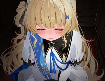 1girl :i alternate_breast_size_(larger) black_gloves blonde_hair blue_sash blush breasts breath cheek_pinching cheek_pull commentary from_above gloves hair_ornament highres indoors large_breasts long_hair looking_at_viewer mako_(makoda) male_rover_(wuthering_waves) no_headwear open_mouth paid_reward_available phoebe_(wuthering_waves) pinching pov pov_hands rover_(wuthering_waves) sash shirt skirt solo_focus tearing_up white_shirt white_skirt wuthering_waves x_hair_ornament