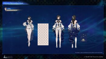 1girl a-pose absurdres armband black_hair blue_armband blue_flower braid braided_ponytail character_name copyright_notice corsage final_fantasy final_fantasy_vii final_fantasy_vii:_ever_crisis flower frilled_armband frills highres multiple_views official_alternate_costume official_alternate_hairstyle official_art reference_sheet shorts showgirl_skirt single_braid solo tifa_lockhart tifa_lockhart_(festive_style) turnaround white_shorts