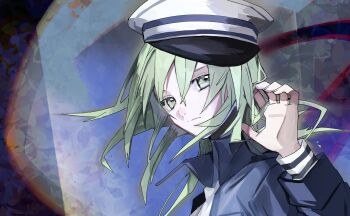 1girl ama_no_jaku_(vocaloid) black_jacket commentary_request from_side green_eyes green_hair gumi hand_in_own_hair hat highres jacket looking_at_viewer portrait sailor_hat sideways_hat solo soyaka vocaloid