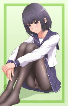 1girl akippoi_0919 black_hair black_pantyhose brown_eyes highres hugging_own_legs original panties panties_under_pantyhose pantyhose pantyshot school_uniform serafuku sitting underwear
