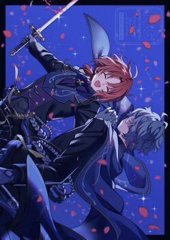 Rule 34 | 2boys, amagi hana, beads, black border, black pants, black shirt, blood, bloody weapon, blue background, blue cape, border, buttons, cape, checkmate (ensemble stars!), closed eyes, commentary request, cowboy shot, curtained hair, ensemble stars!, facing viewer, falling petals, fangs, from behind, grey hair, highres, holding, holding hands, holding sword, holding weapon, interlocked fingers, lapels, long sleeves, male focus, medium hair, multiple boys, open mouth, orange hair, pants, petals, pink blood, ponytail, rope, rose petals, sena izumi (ensemble stars!), shirt, short hair, short side ponytail, sideways, sparkle, sword, tsukinaga leo, watermark, weapon, yaoi
