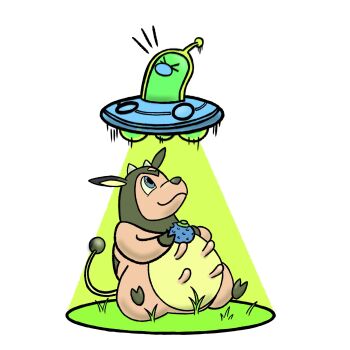 >_< animal_ears berry_(pokemon) blue_eyes commentary cow cow_ears cow_tail diglett english_commentary fakemon gen_1_pokemon gen_2_pokemon highres horns miltank nintendo no_humans oran_berry pokemon pokemon_(creature) qartoonist simple_background tail tractor_beam udder ufo white_background